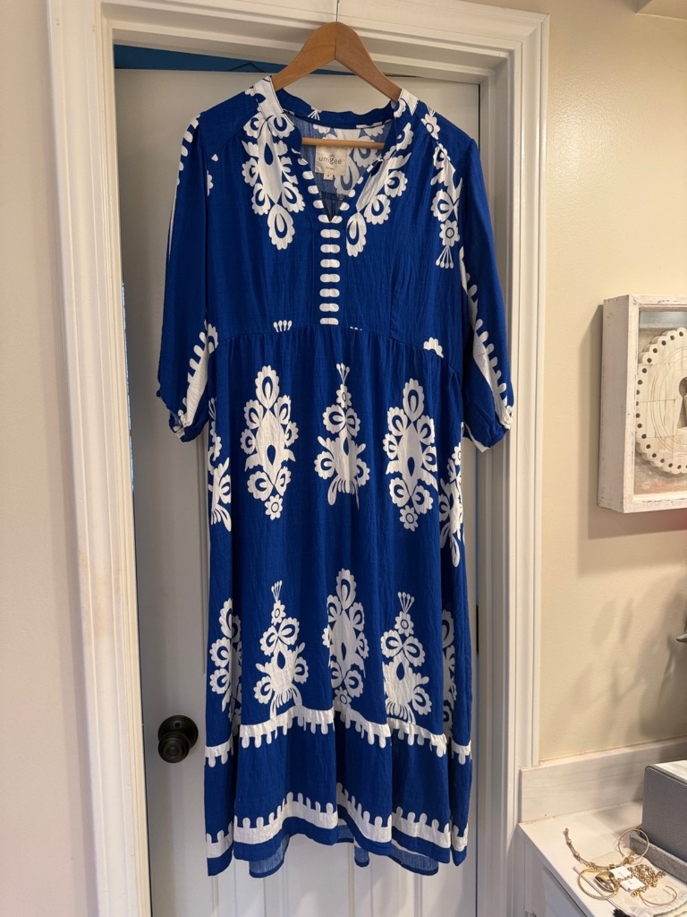 Umgee Royal Blue Midi Dress with White Embroidery